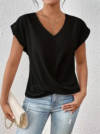 Tricou Amazon Cross-Border cu decolteu în V, culoare uni, 2024, bluză elegantă cu mânecă scurtă, îmbrăcăminte pentru femei primăvară/vară