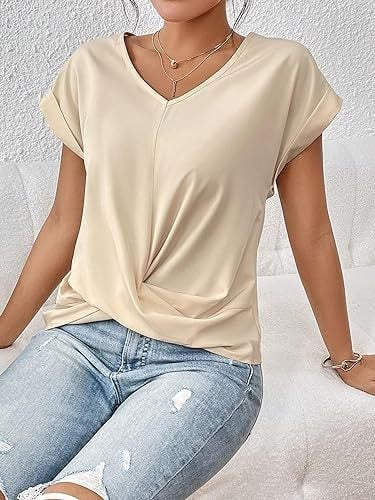 Tricou Amazon Cross-Border cu decolteu în V, culoare uni, 2024, bluză elegantă cu mânecă scurtă, îmbrăcăminte pentru femei primăvară/vară