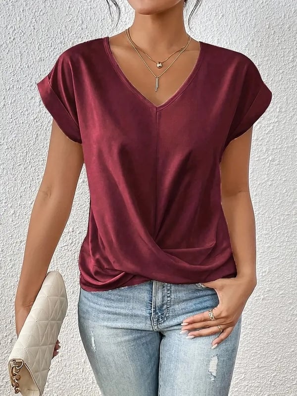 Tricou Amazon Cross-Border cu decolteu în V, culoare uni, 2024, bluză elegantă cu mânecă scurtă, îmbrăcăminte pentru femei primăvară/vară