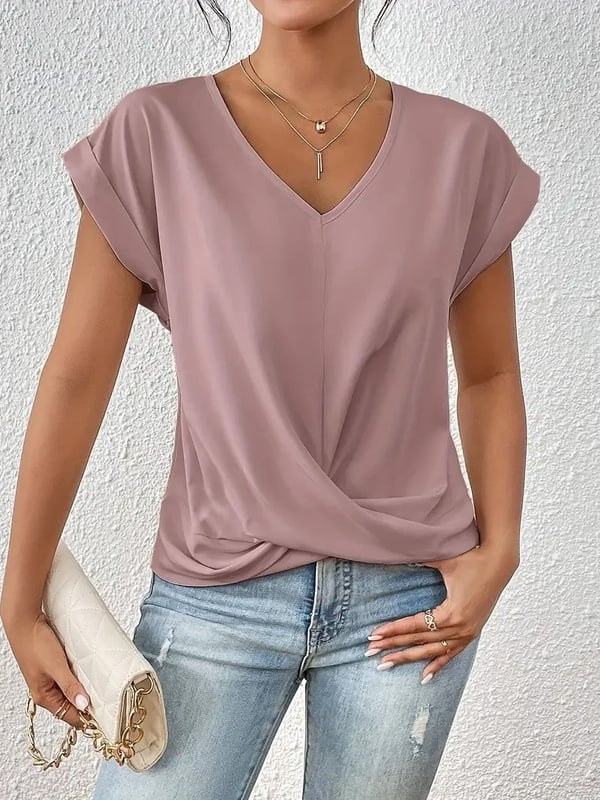 Tricou Amazon Cross-Border cu decolteu în V, culoare uni, 2024, bluză elegantă cu mânecă scurtă, îmbrăcăminte pentru femei primăvară/vară