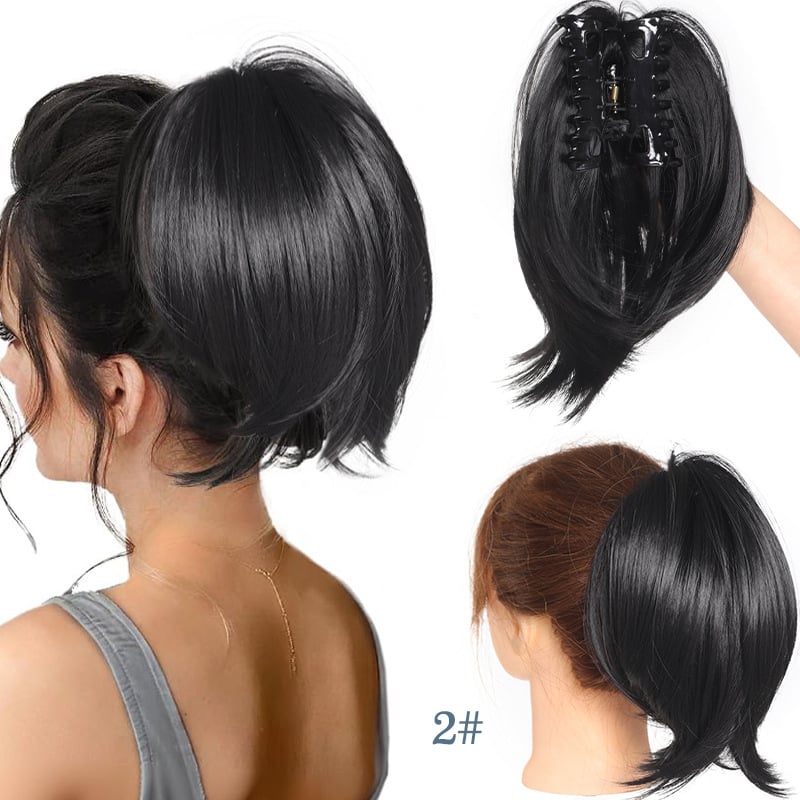 Perucă tip coadă de cal cu clips pentru femei cu păr și păr de corp, 22 cm, 80 g, cu vârfuri ușor ondulate.