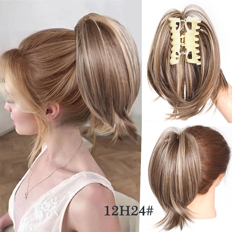 Perucă tip coadă de cal cu clips pentru femei cu păr și păr de corp, 22 cm, 80 g, cu vârfuri ușor ondulate.