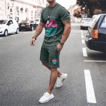 Νέο σετ casual κοντομάνικο μπλουζάκι από μείγμα βαμβακιού, με διασταυρούμενη εκτύπωση και prints