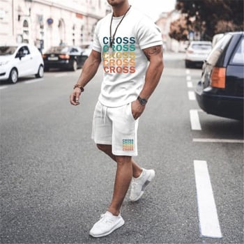 Νέο σετ casual κοντομάνικο μπλουζάκι από μείγμα βαμβακιού, με διασταυρούμενη εκτύπωση και prints