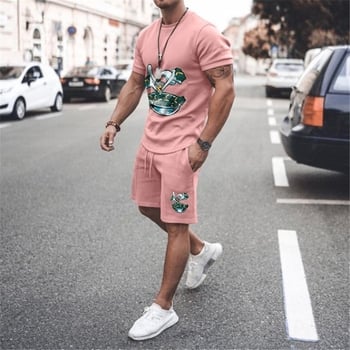 Νέο σετ casual κοντομάνικο μπλουζάκι από μείγμα βαμβακιού, με διασταυρούμενη εκτύπωση και prints