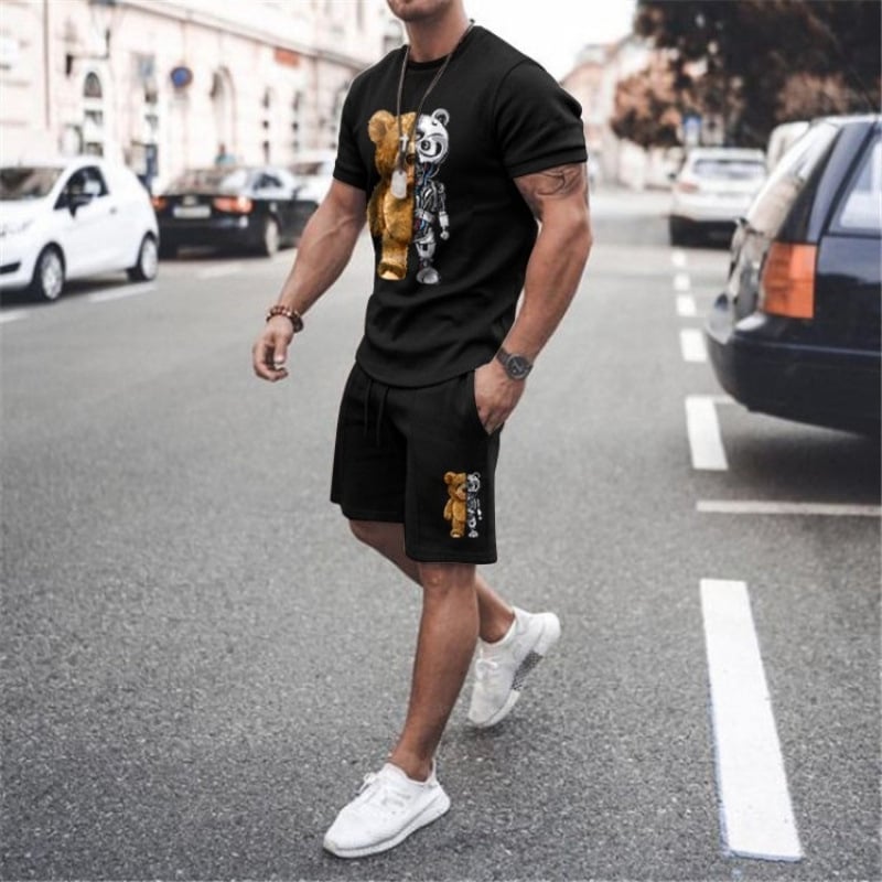 Νέο σετ casual κοντομάνικο μπλουζάκι από μείγμα βαμβακιού, με διασταυρούμενη εκτύπωση και prints