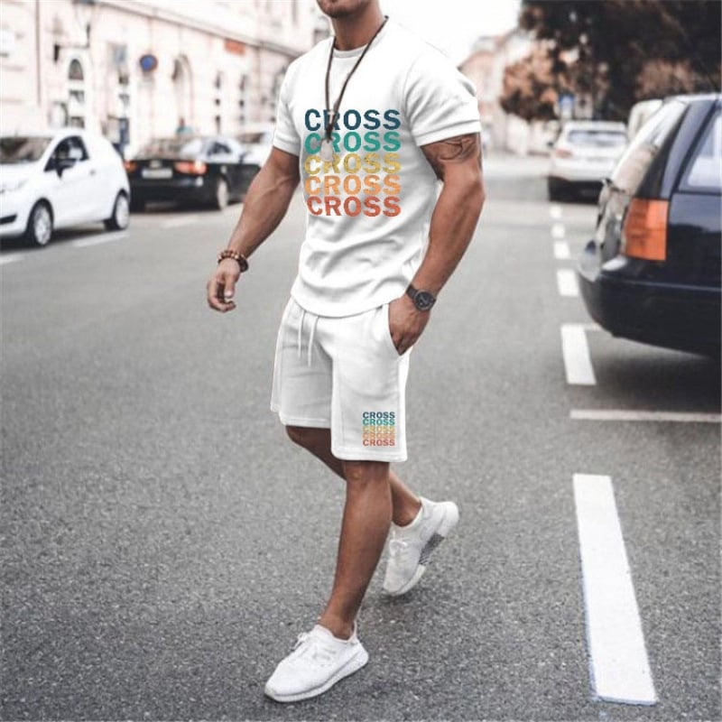Νέο σετ casual κοντομάνικο μπλουζάκι από μείγμα βαμβακιού, με διασταυρούμενη εκτύπωση και prints