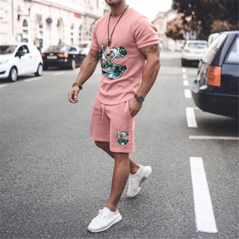 Νέο σετ casual κοντομάνικο μπλουζάκι από μείγμα βαμβακιού, με διασταυρούμενη εκτύπωση και prints