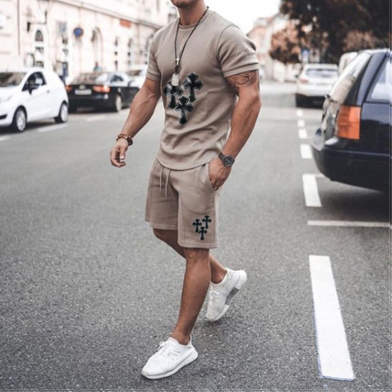 Νέο σετ casual κοντομάνικο μπλουζάκι από μείγμα βαμβακιού, με διασταυρούμενη εκτύπωση και prints