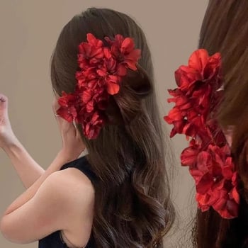 Agrafă de păr chinezească nouă cu floare roșie în stil retro pentru femei, potrivită pentru Hanfu și Cheongsam, agrafă de păr pentru mireasă, ornament de păr