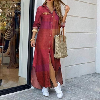 Το νέο γυναικείο φόρεμα-πουκάμισο με μονόπετο κούμπωμα και φαρδύ πέτο σε ευρωπαϊκό και αμερικανικό στυλ, ανοιξιάτικη και φθινοπωρινή μόδα.