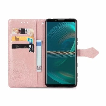 Compatibil cu Sony XPeria 5iii, husă din piele cu relief Mandala pentru telefon 10 Gen 2, cu clapă și inserție cartelă SIM, husă de protecție moale
