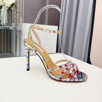 Sandale casual în stil european și american, stil nou de 10 cm pentru primăvara și toamna 2026, sandale simple cu toc înalt și vârf deschis, din piele naturală și cristale