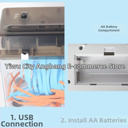 USB dvojúčelový elektrický mini stolný štiepací stroj na pásikový papier A4, 5 mm prúžky, 9V, 10.8W, zásobník 2.6 L, rozmery 275×118×148 mm, hmotnosť 0.9 kg