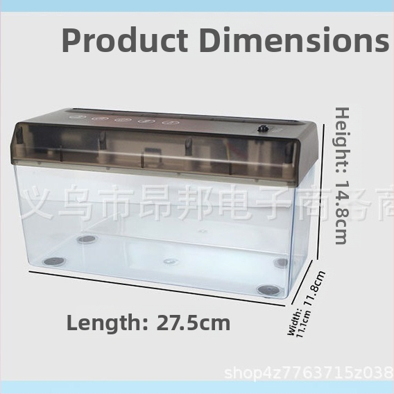 USB dvojúčelový elektrický mini stolný štiepací stroj na pásikový papier A4, 5 mm prúžky, 9V, 10.8W, zásobník 2.6 L, rozmery 275×118×148 mm, hmotnosť 0.9 kg