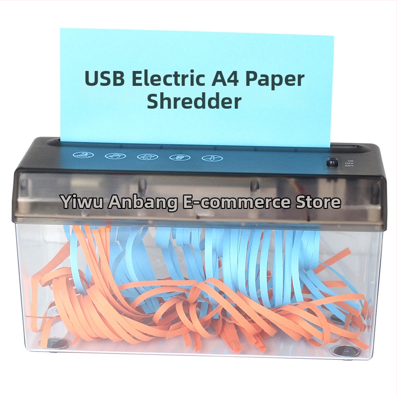 USB dvojúčelový elektrický mini stolný štiepací stroj na pásikový papier A4, 5 mm prúžky, 9V, 10.8W, zásobník 2.6 L, rozmery 275×118×148 mm, hmotnosť 0.9 kg