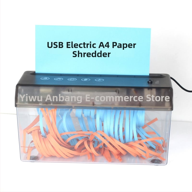 USB dvostruko korišten električni mini stolni rezac papira u trake A4, 5 mm trake, 9V, 10.8W, spremnik 2.6 L, dimenzije 275×118×148 mm, težina 0.9 kg