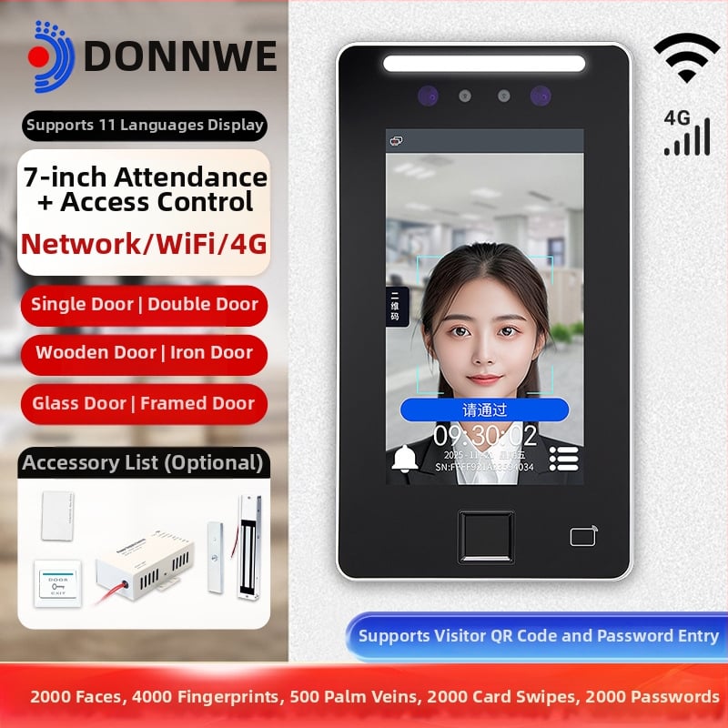 Dongwei XFace70V mrežni 7-inčni sustav za kontrolu pristupa i evidenciju radnog vremena s prepoznavanjem lica – sve-u-jednom uređaju, 4G prepoznavanje lica za vrata od drveta i stakla