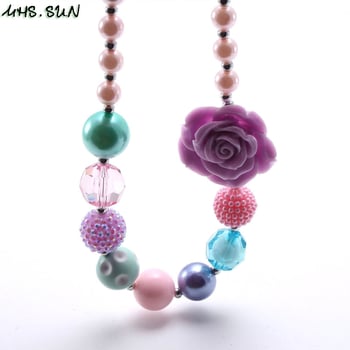 Dječji ogrlica od perlica s ljubičastim ružicama, plastika/smola, lanac od perlica, duljina 20 cm, bez privjeska, DIY