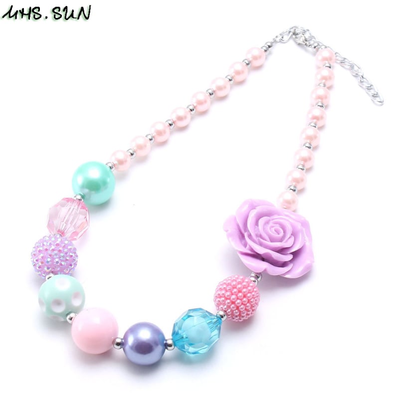Dječji ogrlica od perlica s ljubičastim ružicama, plastika/smola, lanac od perlica, duljina 20 cm, bez privjeska, DIY