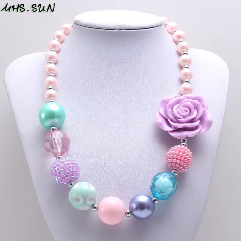Dječji ogrlica od perlica s ljubičastim ružicama, plastika/smola, lanac od perlica, duljina 20 cm, bez privjeska, DIY
