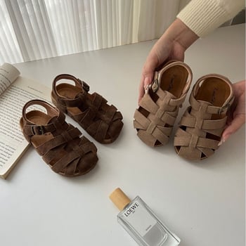 Korejskog stila retro ljetne sandale od nubuk kože s zatvorenim prstom za djevojčice i loaferice s korkovom potplatom za dječake