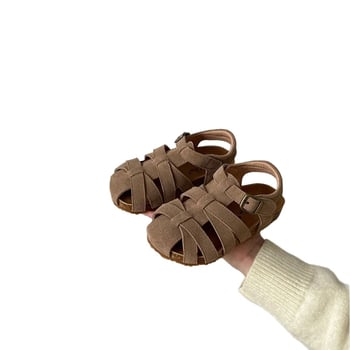 Korejskog stila retro ljetne sandale od nubuk kože s zatvorenim prstom za djevojčice i loaferice s korkovom potplatom za dječake
