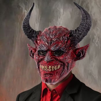 Crvena rogat maska demona s oštrim ušima – lateks, rekvizita za Halloween i zabave