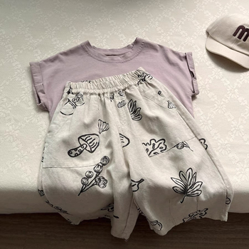 Dječje capri hlače od pamuk-lin s otiskom, ljeto, unisex, prirodni ležerni stil