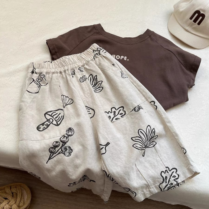 Dječje capri hlače od pamuk-lin s otiskom, ljeto, unisex, prirodni ležerni stil