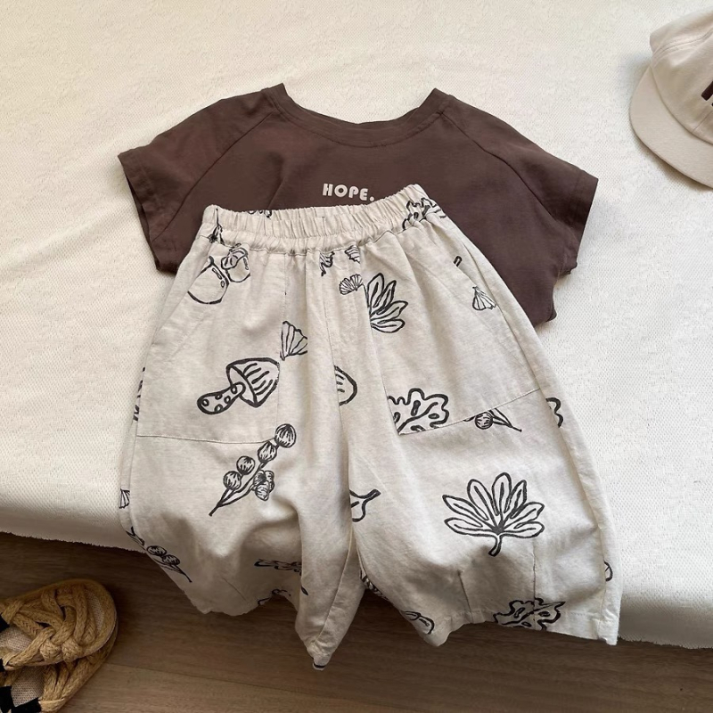 Dječje capri hlače od pamuk-lin s otiskom, ljeto, unisex, prirodni ležerni stil