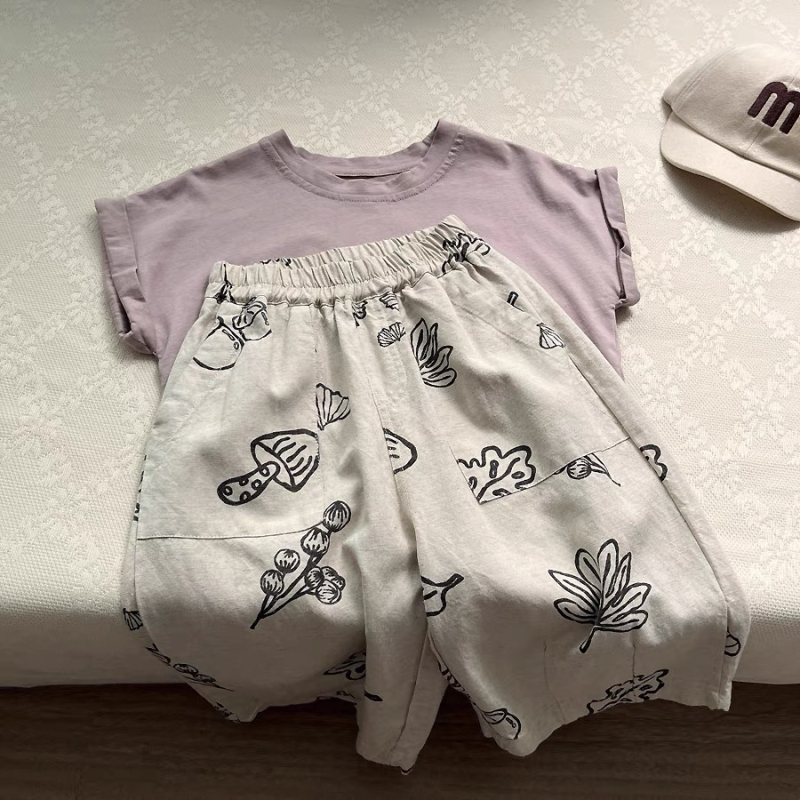 Dječje capri hlače od pamuk-lin s otiskom, ljeto, unisex, prirodni ležerni stil