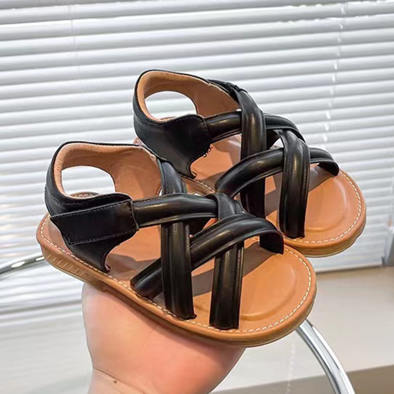 Ljetne dječje sandale za djevojčice, tkaninski dizajn, kožni gornji dio, zatvaranje na Velcro, korejski stil