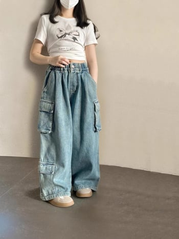 Dječje cargo hlače za djevojčice u korejskom stilu, denim sličan, proljeće 2026, radni stil, 90% pamuk