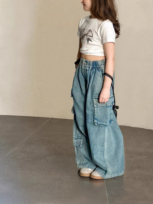 Dječje cargo hlače za djevojčice u korejskom stilu, denim sličan, proljeće 2026, radni stil, 90% pamuk