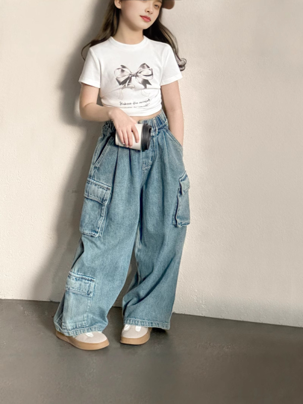 Dječje cargo hlače za djevojčice u korejskom stilu, denim sličan, proljeće 2026, radni stil, 90% pamuk