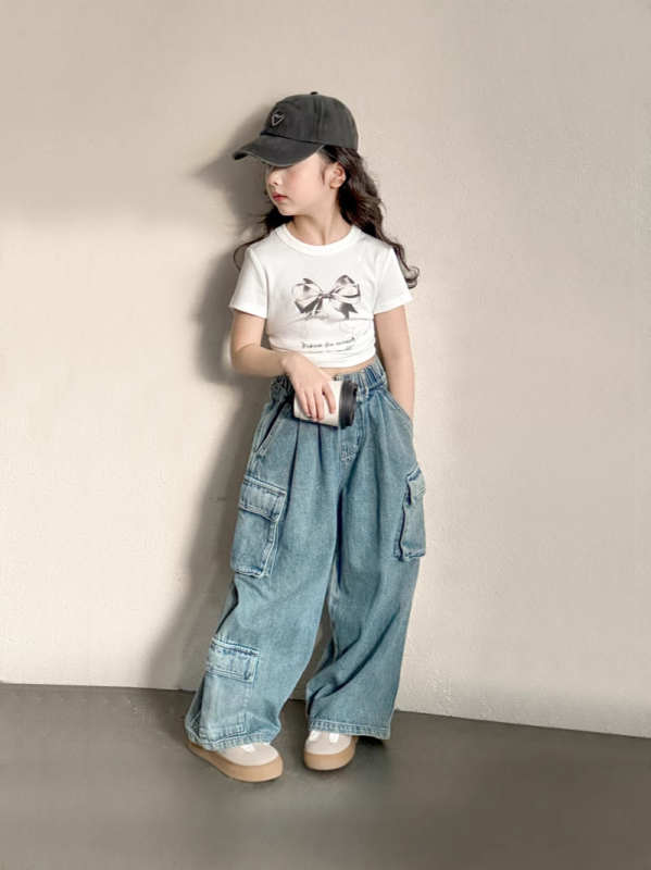Dječje cargo hlače za djevojčice u korejskom stilu, denim sličan, proljeće 2026, radni stil, 90% pamuk