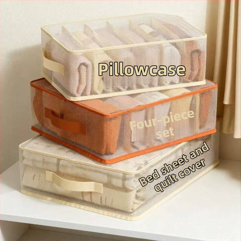 Sada štyroch sieťových úložných tašiek na posteľné prádlo, obliečky a oblečenie; vodotesné, odolné voči vlhkosti a plesniam.
