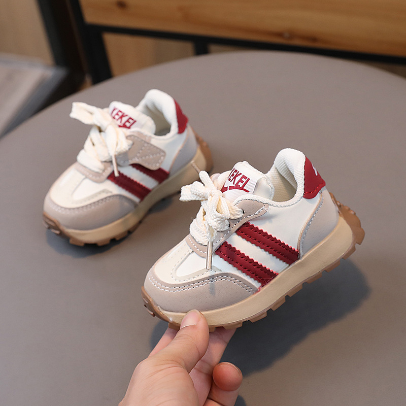 Unisex tenisice za bebe i djecu, prozračan mrežasti gornji dio, niski kroj, bijele s prugama, Velcro zatvarač, protuklizna potplat