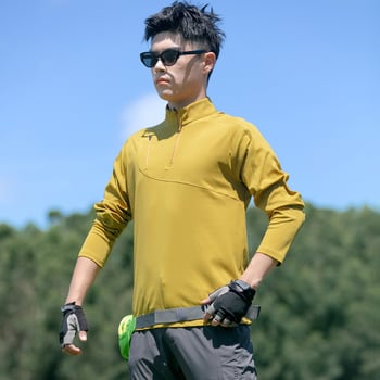 Muški brzosušeći sportski T‑shirt za proljeće i jesen, s pola zipom, elastičnim stojećim ovratnikom i dugim rukavima, za planinarenje i penjanje