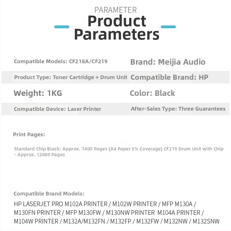 Meijiayin kompatibilný HP CF218A tonerová kazeta pre M132a, M132snw, M132fp a bubon M104a