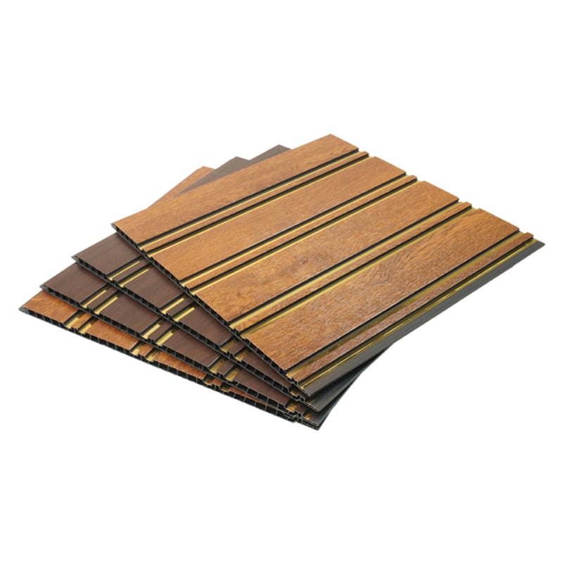 Prilagođeni crni PVC panel s žljebovima, drvnim uzorkom i zlatnim linijama — integrirani stropni panel i zidni panel za dnevni boravak, kuhinju i kupaonu