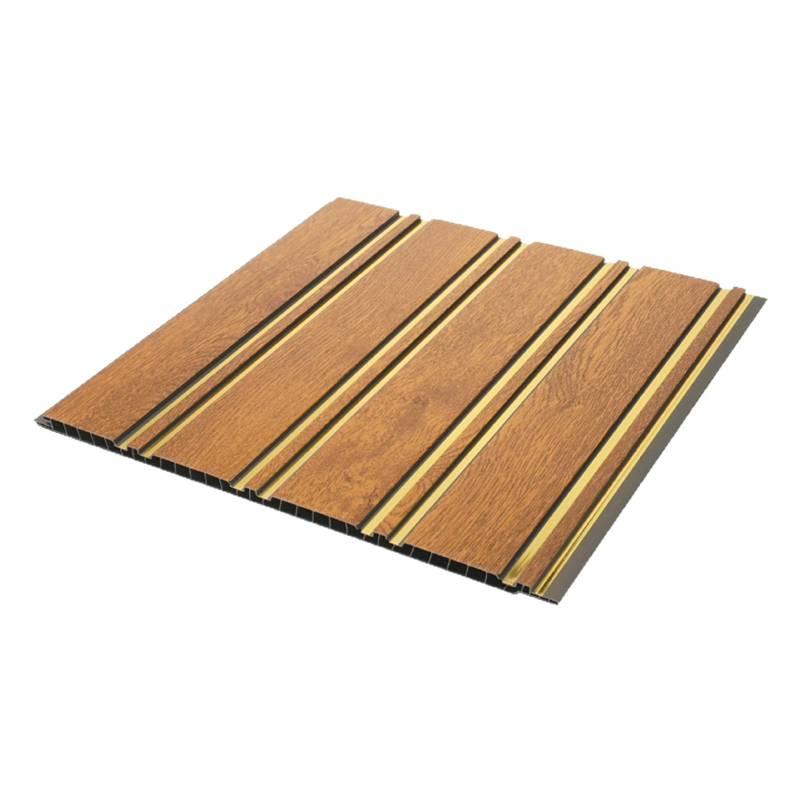 Prilagođeni crni PVC panel s žljebovima, drvnim uzorkom i zlatnim linijama — integrirani stropni panel i zidni panel za dnevni boravak, kuhinju i kupaonu