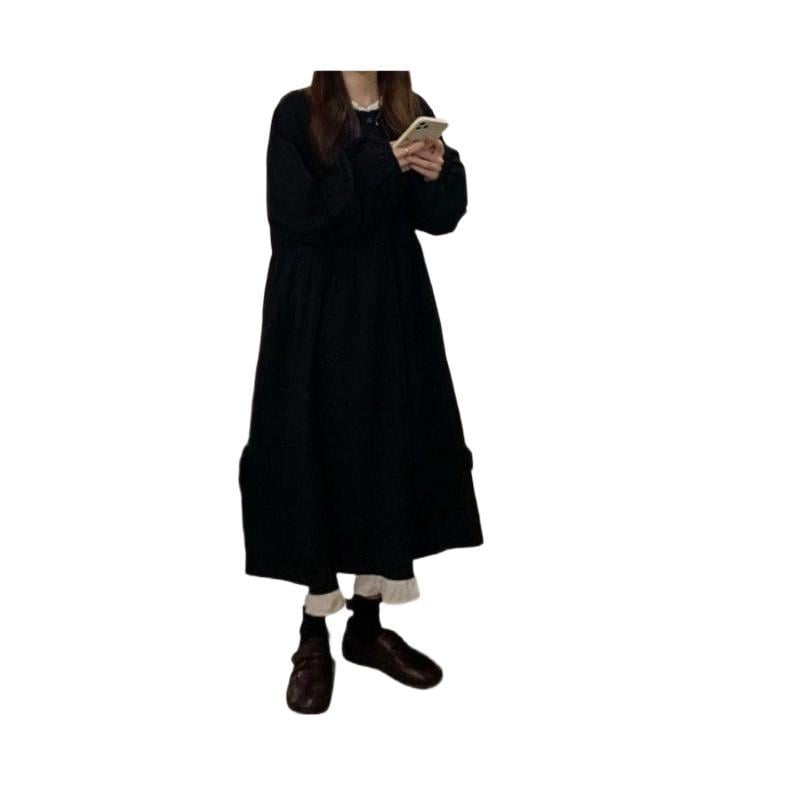 Elastična poliester haljina midi duljine s halter izrezom i volanima, ležeran kroj, plus size, korejski stil, proljeće–jesen