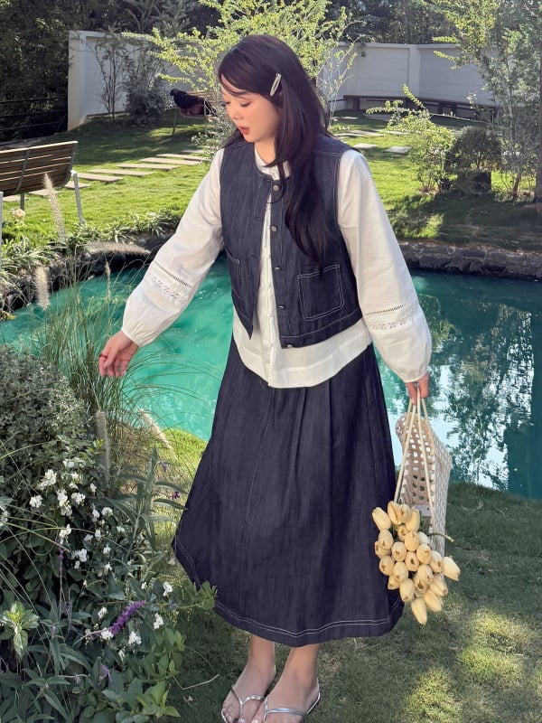 Inno Plus-Size Set de trei piese pentru femei, primăvară, cu funda, imitație de in-denim 124134