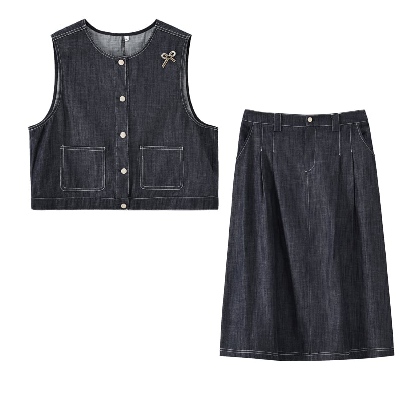 Inno Plus-Size Set de trei piese pentru femei, primăvară, cu funda, imitație de in-denim 124134