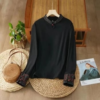 Ženska bluza kineskog stila s etničkom retro izvezenom, stojeći ovratnik, njemački velur, dugi rukavi, jesen-zima, plus veličina