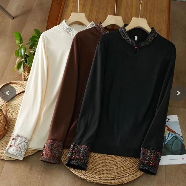 Ženska bluza kineskog stila s etničkom retro izvezenom, stojeći ovratnik, njemački velur, dugi rukavi, jesen-zima, plus veličina
