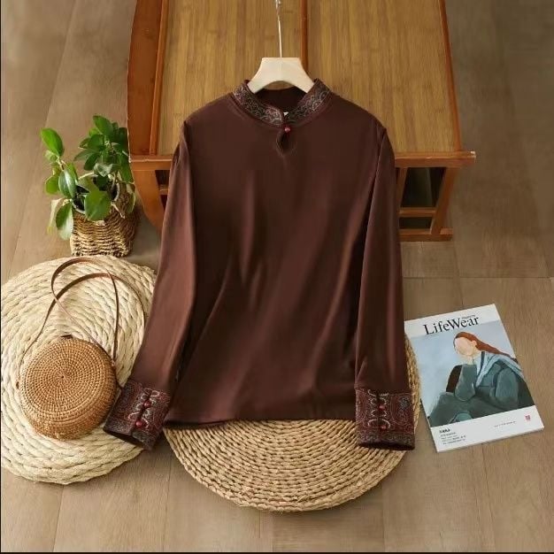 Ženska bluza kineskog stila s etničkom retro izvezenom, stojeći ovratnik, njemački velur, dugi rukavi, jesen-zima, plus veličina