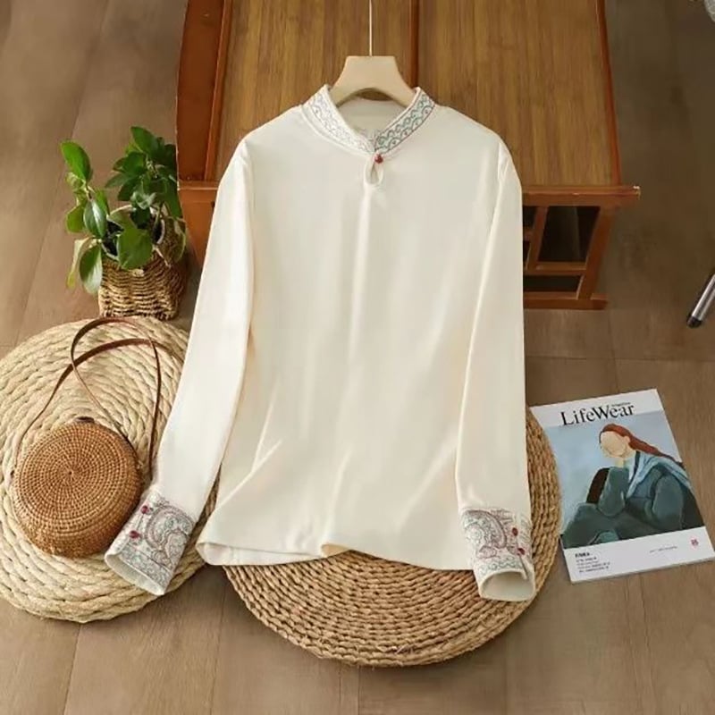 Ženska bluza kineskog stila s etničkom retro izvezenom, stojeći ovratnik, njemački velur, dugi rukavi, jesen-zima, plus veličina